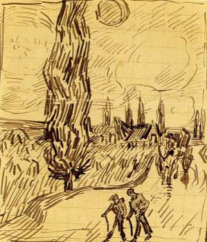 Vincent Van Gogh : Road with Men Walking, Carriage, Cypress, Star, and Crescent Moon